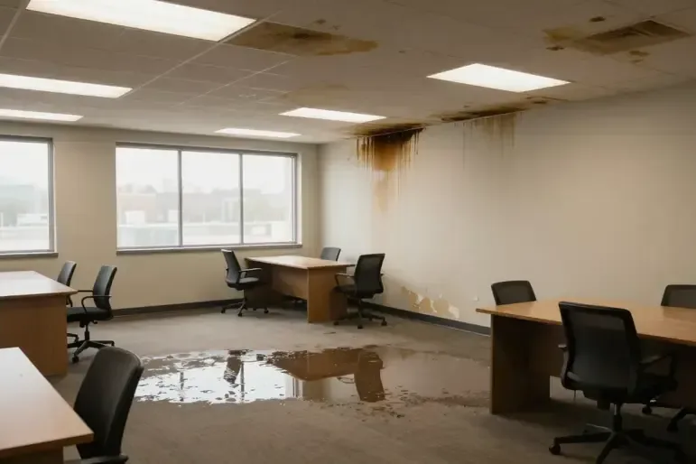 An office with stained ceiling tiles and a wet floor below