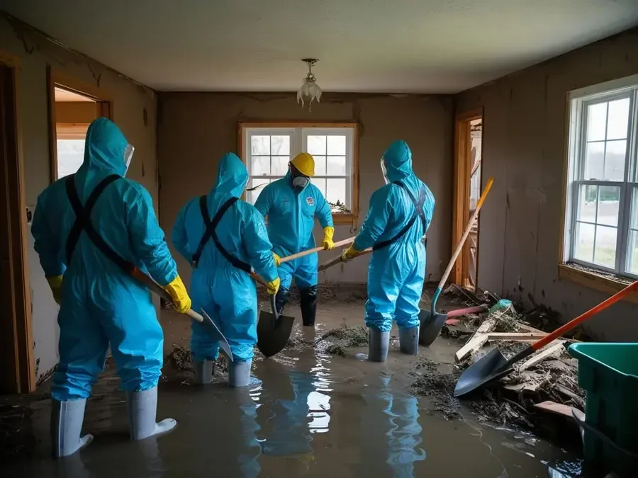 A crew in protective suits and boots clearing flood water and debris from a flooded room